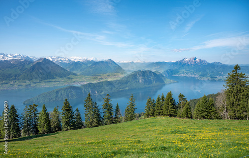 Landscape of Rigi, Lake Lucerne, Burgenstock resort and Pilatus mount. Switzerland.