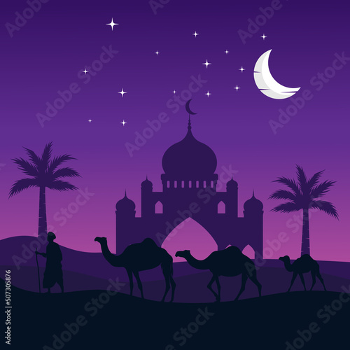 desert camel with mosque logo design template