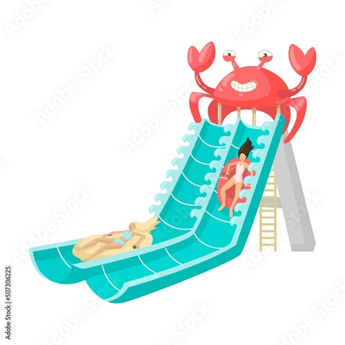 Girls ride down hill in waterpark vector illustration. People sliding down tall water slides in aqua park isolated on white