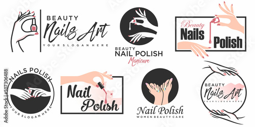 Nail studio or nail polish icon set logo design for beauty salon with unique concept