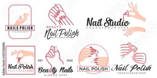 Nail studio or nail polish icon set logo design for beauty salon with unique concept