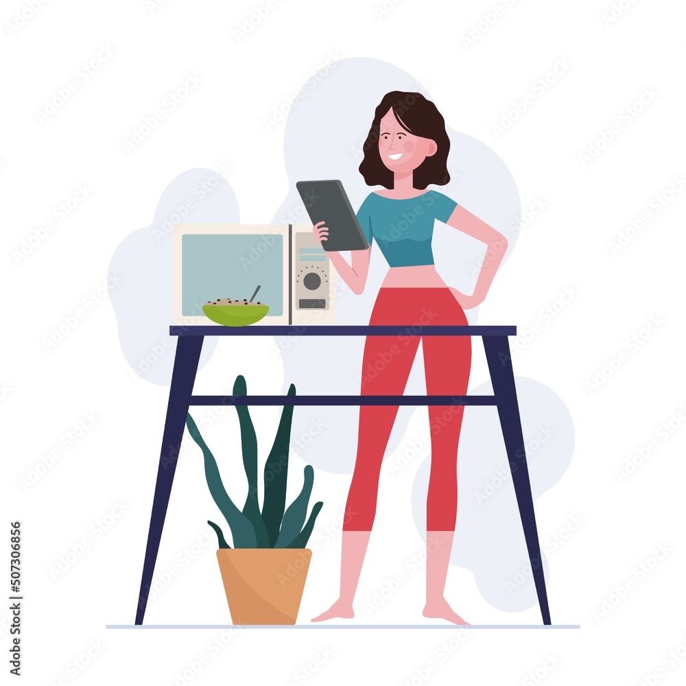 Fototapeta premium Girl using gadgets at home. Laptop, smartphone, tablet users enjoying leisure flat vector illustration. Wireless technology