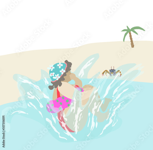 Frau springt mit Bombe in Swimmingpool  h  lt sich die Nase zu und hat Schwimmreifen  Sommerszene  dicke Frau