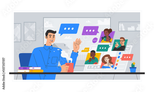 Live video chat vector illustrationof a multinational work team