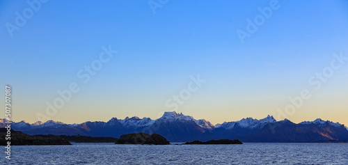 Møysalen mountain at sunrise one early morning on Hadselfjorden in Nordland countyNorthern Norway,scandinavia,Europe photo