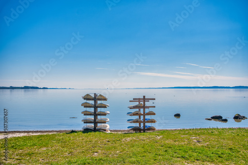Fototapeta Naklejka Na Ścianę i Meble -  Paddle boards in Flensburg fjord between Denmark and Germany
