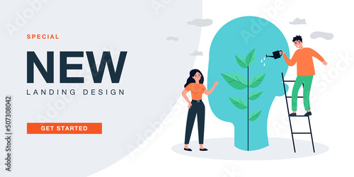 Tiny man and woman watering plant inside abstract head. Support for people in learning flat vector illustration. Mind growth, mental therapy concept for banner, website design or landing web page