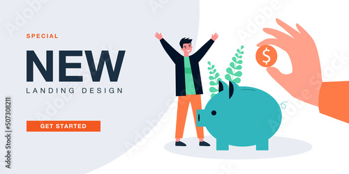 Tiny man standing near piggy bank with giant hand putting dollar coin in it. Male character saving money flat vector illustration. Budget, finance concept for banner, website design, landing web page