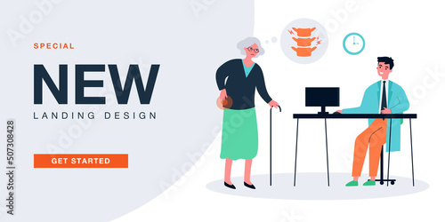Old woman with back pain in hospital at doctor appointment. Diagnostics of arthritis, osteoporosis in elderly flat vector illustration. Medicine concept for banner, website design or landing web page