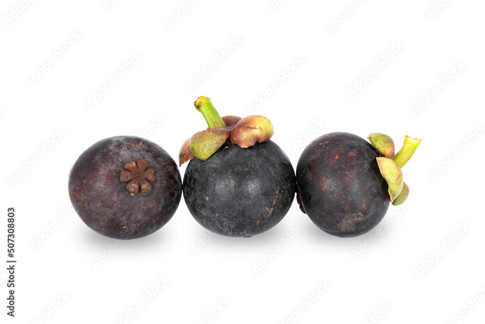 Three ripe mangosteens Queen of fruits isolated on white background. Three ripe mangosteens Queen of fruits isolated on white background.
