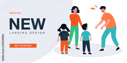 Sad mother standing near husband who shouting at children. Parent scolding kids flat vector illustration. Family relationship and violence concept for banner, website design or landing web page