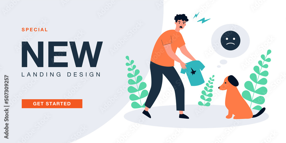 Pet owner angry at guilty dog for damaged clothes. Man scolding puppy for destroying shirt flat vector illustration. Bad behavior of naughty dog concept for banner, website design or landing web page