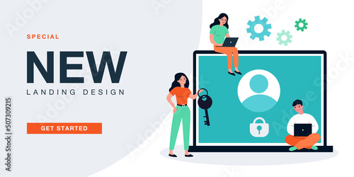 Tiny people with account under lock on laptop screen. Woman with key helping unblock profile flat vector illustration. Banned access, restriction concept for banner, website design or landing web page