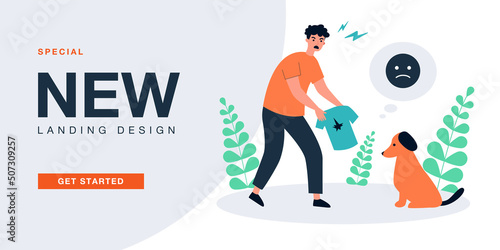 Pet owner angry at guilty dog for damaged clothes. Man scolding puppy for destroying shirt flat vector illustration. Bad behavior of naughty dog concept for banner, website design or landing web page