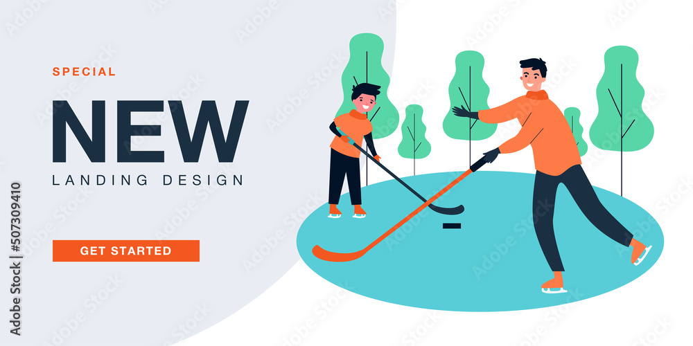 Parents looking at children skating with sticks and puck. Boys playing hockey on ice rink flat vector illustration. Winter outdoor activity concept for banner, website design or landing web page