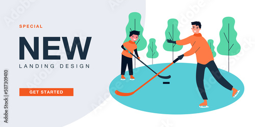 Parents looking at children skating with sticks and puck. Boys playing hockey on ice rink flat vector illustration. Winter outdoor activity concept for banner, website design or landing web page