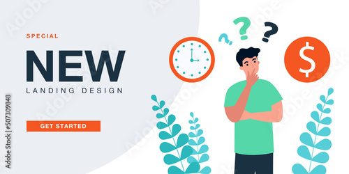 Man making choice between money and time. Person thinking about question of good investment flat vector illustration. Financial cost, payment concept for banner, website design or landing web page