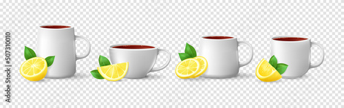 Set of realistic white cups with tea and lemon slices isolated on transparent background. Template layout. Vector illustration