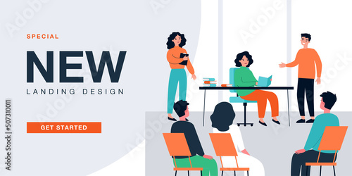 Training or presentation of new book of writer in front of fans. Woman speaking to group of people flat vector illustration. Authorship concept for banner, website design or landing web page