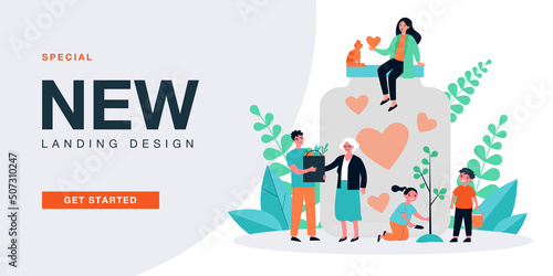 Volunteers giving support and love, collecting hearts in jar. Assistance and care from tiny people flat vector illustration. Charity, awareness concept for banner, website design or landing web page