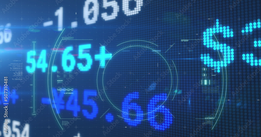 Stock market data processing and scope scanning over covid-19 cell on blue background Stock market data processing and scope scanning over covid-19 cell on blue background