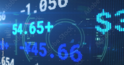 Stock market data processing and scope scanning over covid-19 cell on blue background