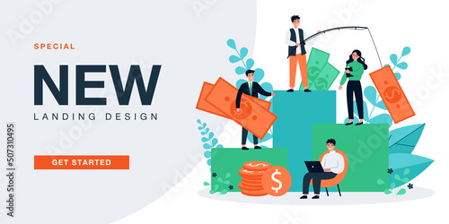 Tiny managers catching money with fishing rod. Growth of profit and wealth for business people flat vector illustration. Opportunity, career concept for banner, website design or landing web page