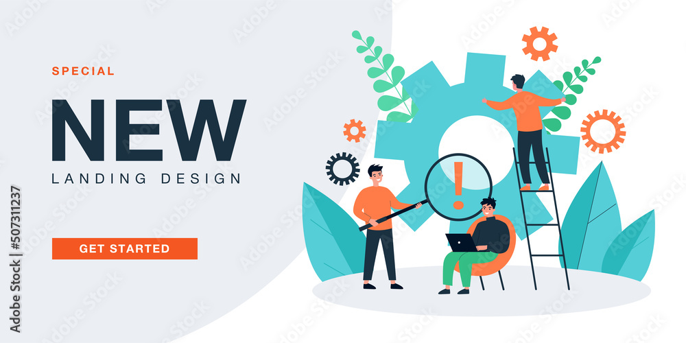 Work of tiny business people with gears. Team of men moving cog wheel, fixing machine together flat vector illustration. Cooperation, challenge concept for banner, website design or landing web page