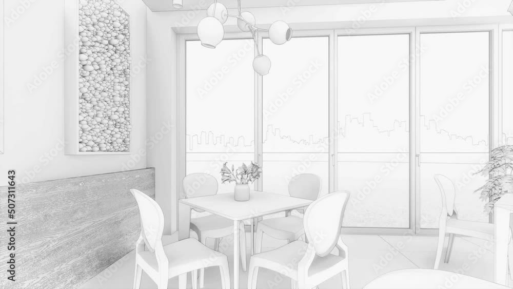 3d illustration. Sketch of a part of a cafe with tables, sofas and a window in a modern style 3d illustration. Sketch of a part of a cafe with tables, sofas and a window in a modern style