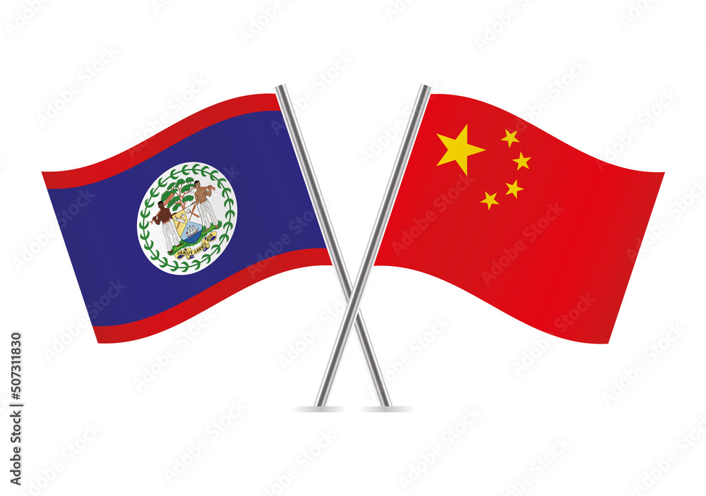 Belize and China crossed flags. Belizean and Chinese flags on white background. Vector icon set. Vector illustration. Belize and China crossed flags. Belizean and Chinese flags on white background. Vector icon set. Vector illustration.