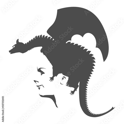 Optical illusion. Woman head with dragon as haircut. Self protection concept