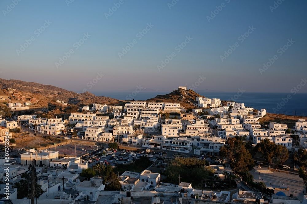 Panoramic view of the picturesque whitewashed village of Ios and the aegean sea