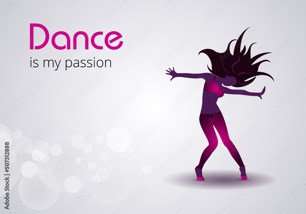 Poster or greeting card design template with dancing girl. Dance is my passion.