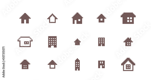 ドット絵　かわいい家のアイコン装飾イラストセット　建物　マンション　一軒家　ピクセル