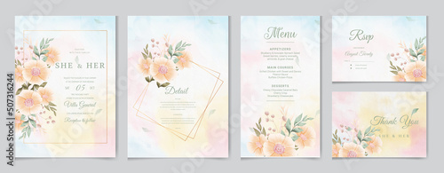 Elegant watercolor wedding invitation and menu template with greenery leaves, rsvp thank you and Instagram story.