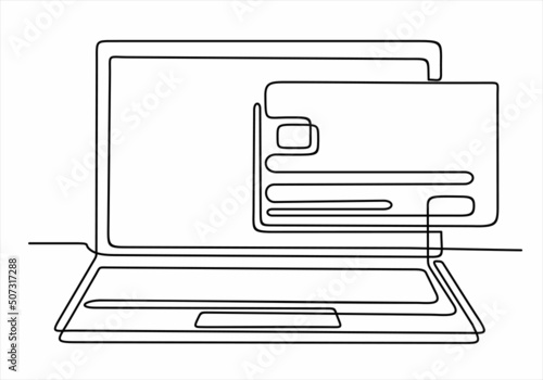 one line drawing of laptop computer with credit cards as business concept of online shopping. Can used for logo, emblem, slide show and banner.