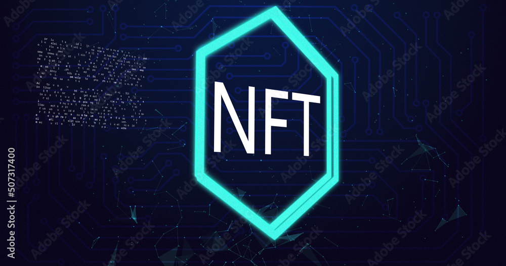 Image of nft text in neon hexagon and data processing over computer circuit board Image of nft text in neon hexagon and data processing over computer circuit board