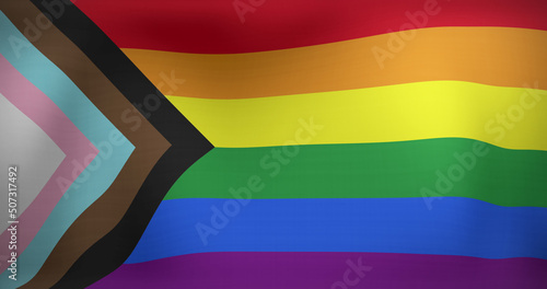 Image of lgbt flag with updated gay pride colours waving
