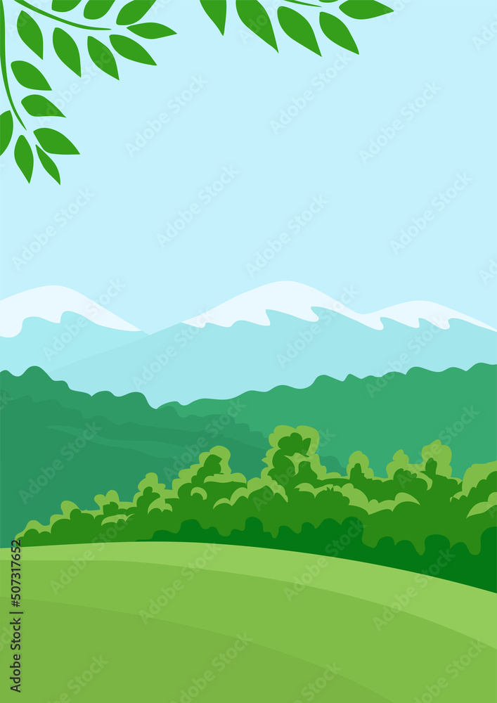 Summer landscape of nature. Green forests, hill, fields, mountains and blue sky. Rural scener. Flat vector illustration