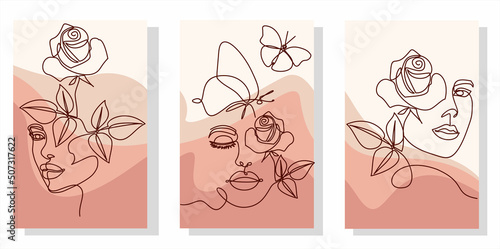 Woman face continuous one line vector drawing. Style templates with abstract female face and rose. Modern minimalist simple linear style. Beauty fashion design