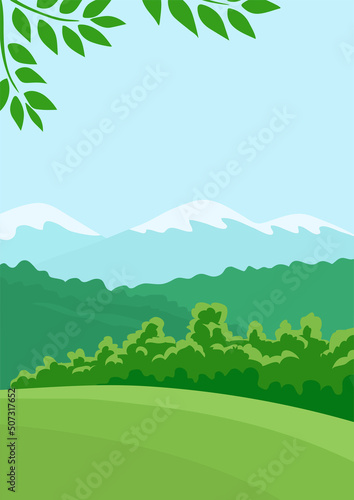 Summer landscape of nature. Green forests  hill  fields  mountains and blue sky. Rural scener. Flat vector illustration