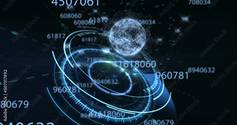 Image of numbers changing, scope scanning and globe Image of numbers changing, scope scanning and globe