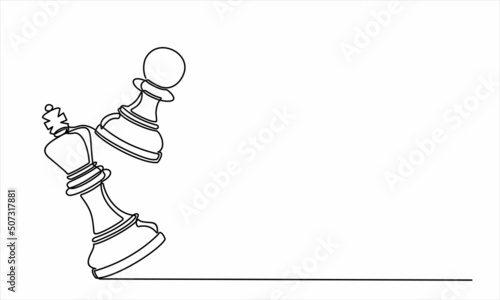 continuous line drawing of a pawn bearing down a queen on board tournament vector illustration.