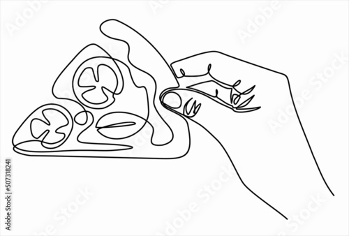 Continuous one line drawing of Hand holding a piece of pizza. Piece of pizza fast food in one line style, outline sketch. Fast food concept. Vector illustration.
