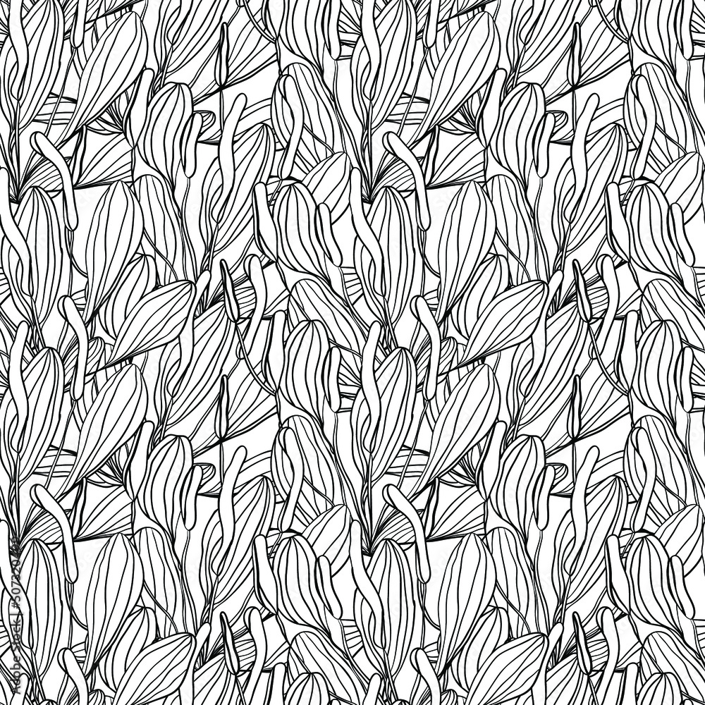 Seamless outline plantain pattern. Stylish line floral sketch. Abstract hand drawn herbal illustration.