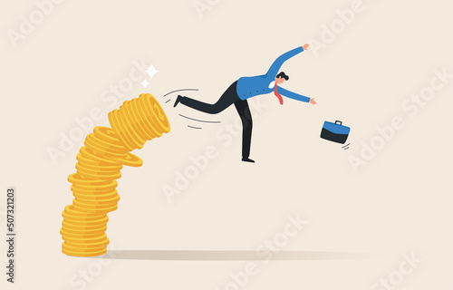 Bankruptcy, Money loss, Debt increase, Lack of finance, investment fund risk, wealth devaluation, income decrease. Businessman falls from a stack of coins.