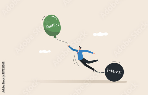 Conflict or interest. decision choice. Conflict management. .Proof of vision in problem solving. .Businessman tied up with balloons and pendulum.
