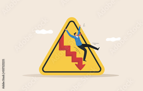 Investment risk. The volatility of the stock market or cryptocurrency. Economic inflationary crisis. Fed, funds, gold, oil, war.  Businessman fell from the downward arrow.