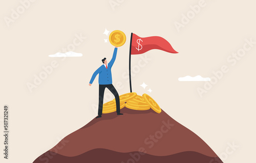 Success in finance and investment. Growing a business or company. Profit from investment. Business leader achieving goal. Businessman standing on top of a mountain.