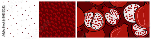 Pomegranate fruit botanical background. Abstract modern nature and food graphic design with hand drawn simple motifs for kitchen textile or product packaging.